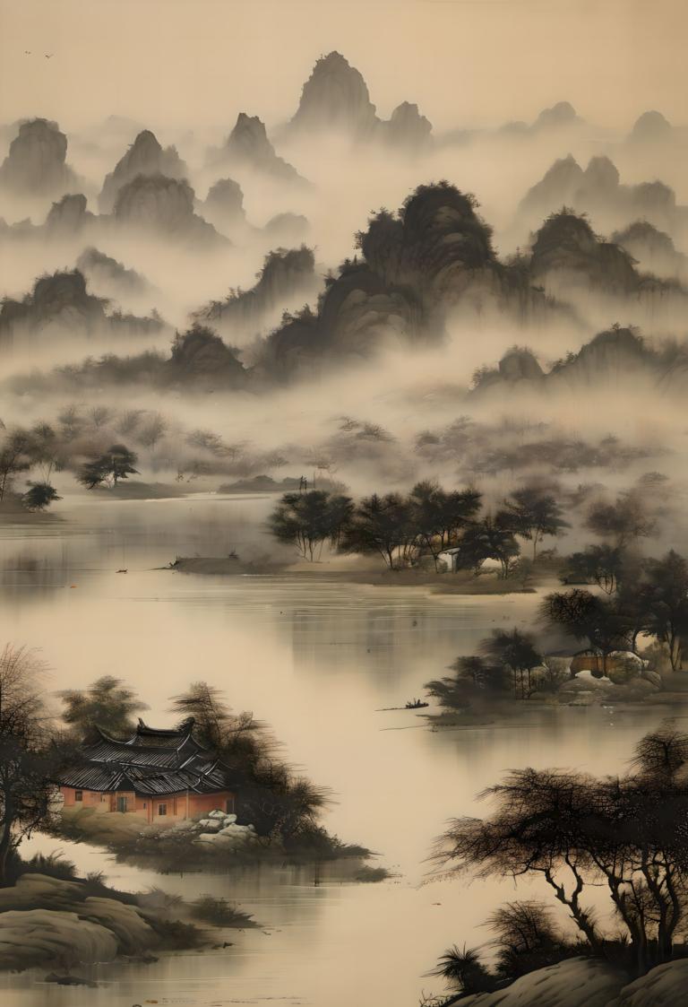 Chinese Paintings,Chinese Paintings, Nature, landscape, no humans, scenery, tree, architecture