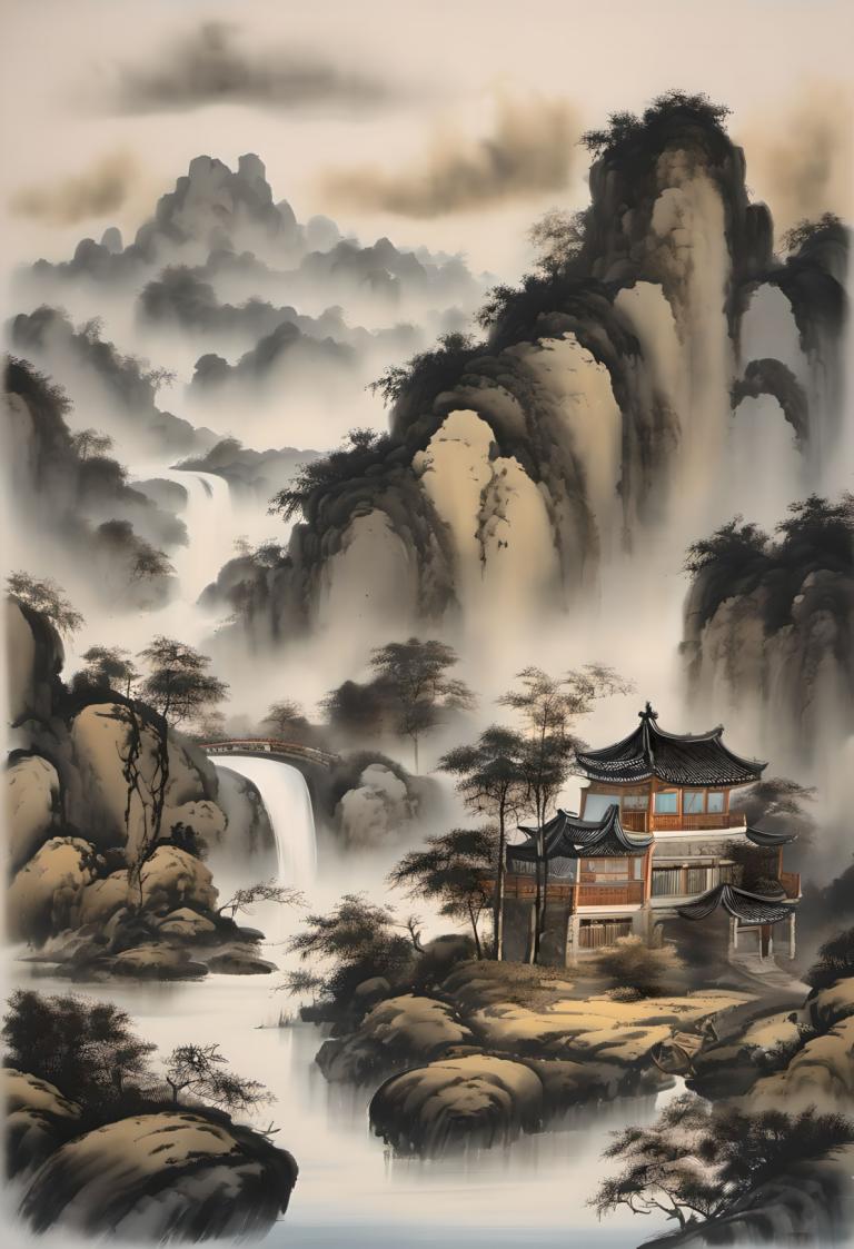 Chinese Paintings,Chinese Paintings, Nature, landscape, no humans, scenery, waterfall, water, tree