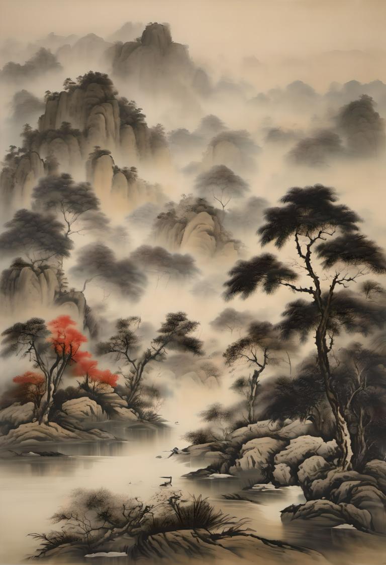 Chinese Paintings,Chinese Paintings, Nature, landscape, no humans, tree, scenery, water, fog, nature