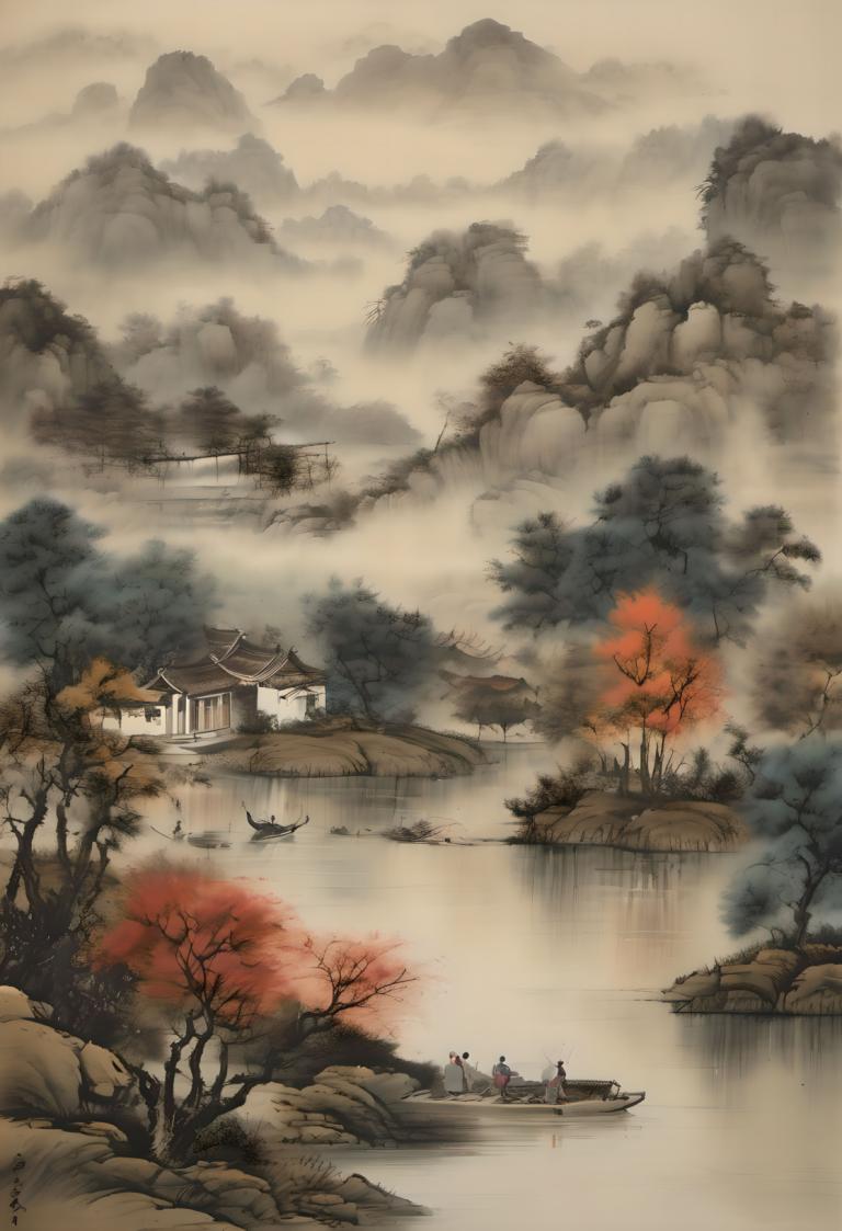 Chinese Paintings,Chinese Paintings, Nature, landscape, tree, scenery, water, watercraft, architecture