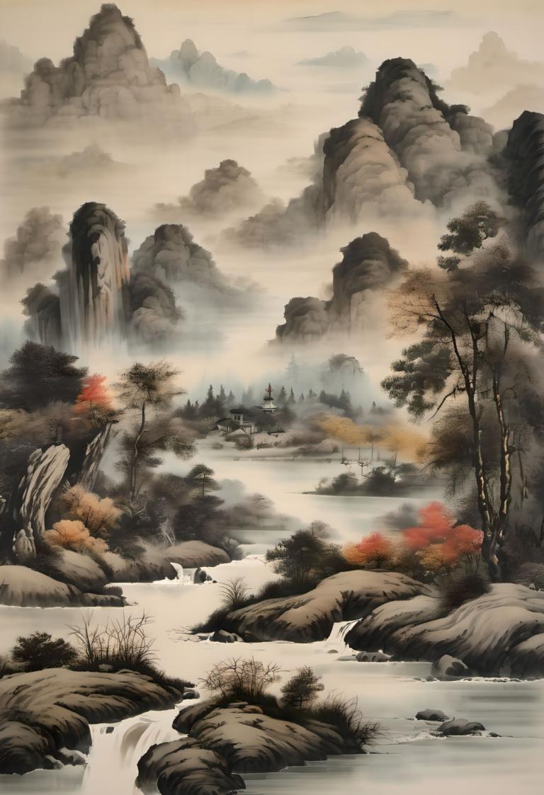 Chinese Paintings,Chinese Paintings, Nature, landscape, no humans, scenery, waterfall, tree, water, outdoors