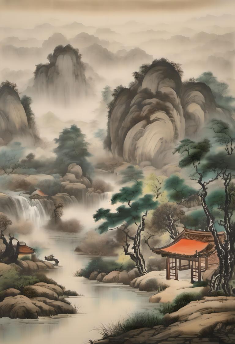 Chinese Paintings,Chinese Paintings, Nature, landscape, scenery, tree, no humans, water, waterfall, nature