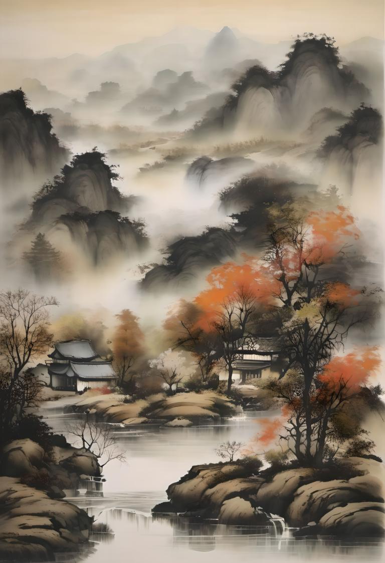 Chinese Paintings,Chinese Paintings, Nature, landscape, no humans, scenery, tree, water, mountain, outdoors