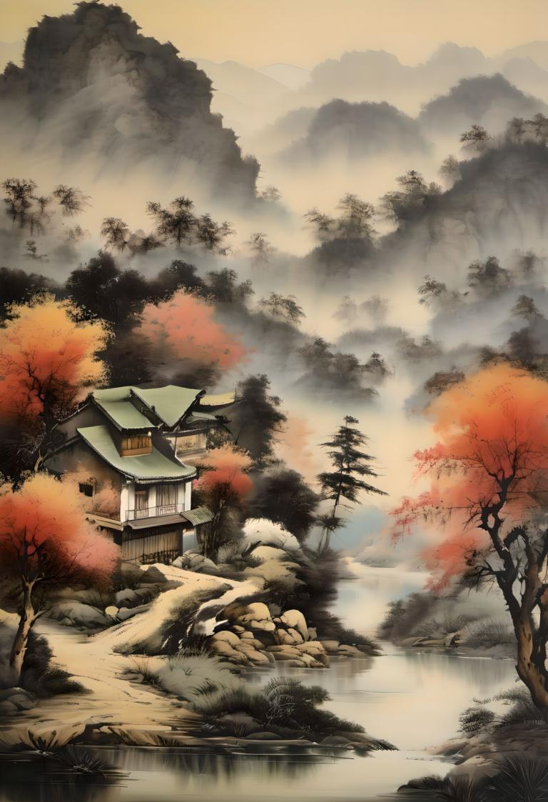 Chinese Paintings,Chinese Paintings, Nature, landscape, no humans, scenery, tree, outdoors, architecture