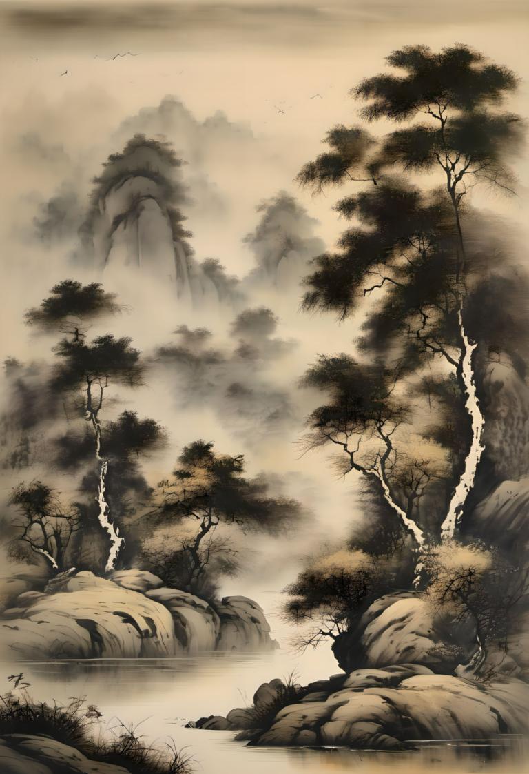 Chinese Paintings,Chinese Paintings, Nature, landscape, tree, scenery, no humans, nature, bird, water