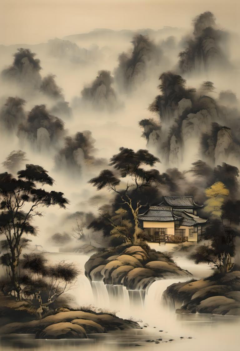 Chinese Paintings,Chinese Paintings, Nature, landscape, no humans, tree, scenery, water, outdoors, nature