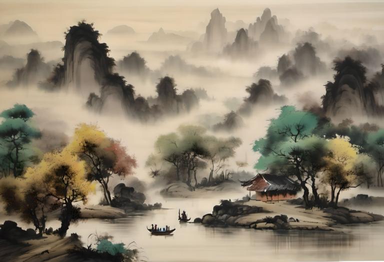 Chinese Paintings,Chinese Paintings, Nature, landscape, tree, scenery, nature, boat, mountain, river