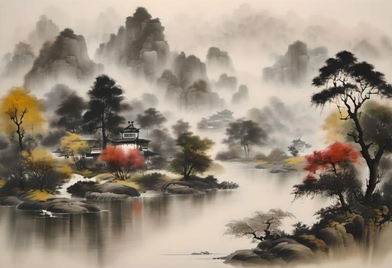 中国絵画,中国絵画, 自然, 風景, 人間がいない, 景色, 木, 建築, 東アジアの建築, 水, 屋外, 霧, 川, 橋, 自然, 滝, 風景