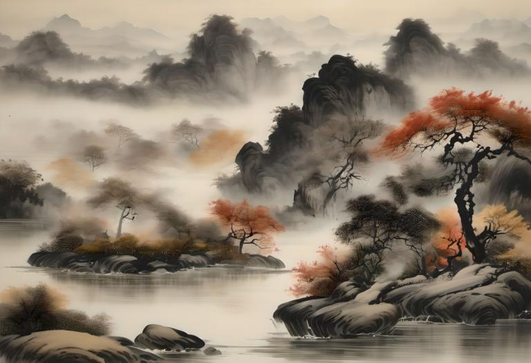 Chinese Paintings,Chinese Paintings, Nature, landscape, no humans, scenery, tree, fog, water, outdoors