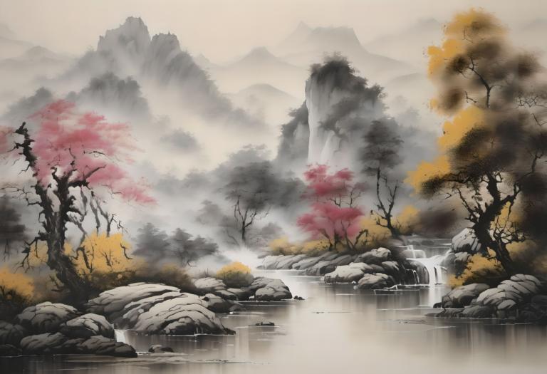 中国絵画,中国絵画, 自然, 風景, 人間がいない, 景色, 木, 滝, 水, 山, 屋外, 自然, 蒸気, 風景, 霧, ロック, 川, 森