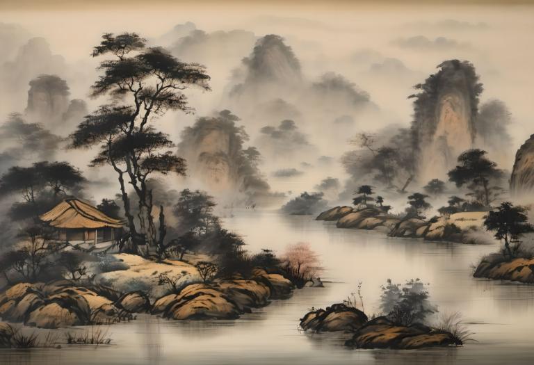 中国絵画,中国絵画, 自然, 風景, 人間がいない, 木, 景色, 屋外, 山, ロック, 自然, 空, 雲, 水, 川, 霧, 風景, 家, 森