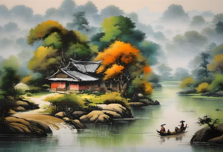 中国絵画,中国絵画, 自然, 風景, 木, 景色, ボート, 水, 水上バイク, 東アジアの建築, 川, 屋外, 建築, ロック, 人間がいない, 帽子