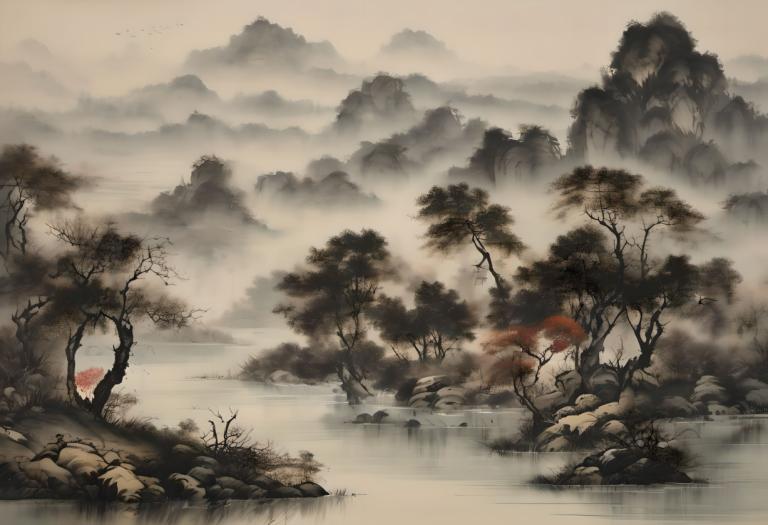 Chinese Paintings,Chinese Paintings, Nature, landscape, no humans, scenery, tree, fog, outdoors, nature