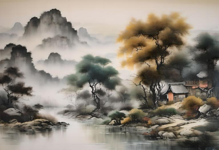 中国絵画,中国絵画, 自然, 風景, 人間がいない, 景色, 木, 水, 屋外, 山, 霧, 建築, ロック, 東アジアの建築, 自然, 建物, 家, 川