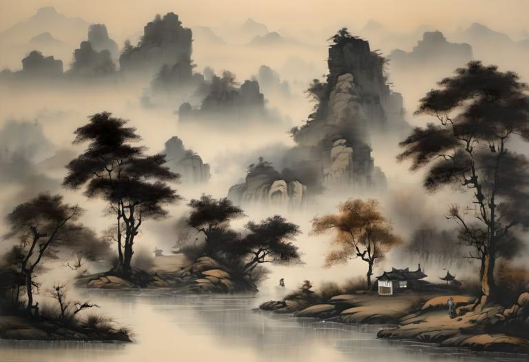 Chinese Paintings,Chinese Paintings, Nature, landscape, tree, scenery, water, fog, outdoors, river, no humans