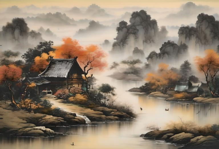 中国絵画,中国絵画, 自然, 風景, 景色, 木, 人間がいない, 水, 自然, 建築, 屋外, 山, 東アジアの建築, 川, 雲, 森, 風景, ロック, 橋, 滝, 空