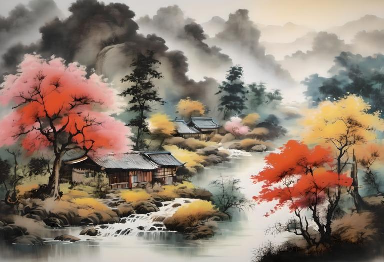 Chinese Paintings,Chinese Paintings, Nature, landscape, no humans, tree, scenery, outdoors, water