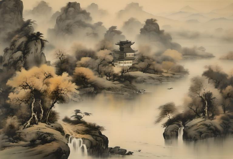 中国絵画,中国絵画, 自然, 風景, 景色, 人間がいない, 木, 滝, 水, 建築, 自然, 屋外, 鳥, 山, 東アジアの建築, 風景, 川, 霧, 橋, 雲, 森