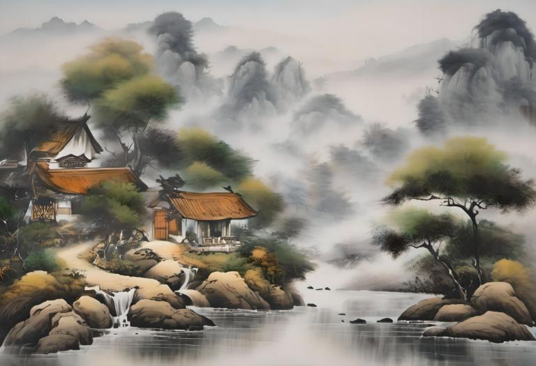 中国絵画,中国絵画, 自然, 風景, 人間がいない, 景色, 木, 水, 滝, 山, 屋外, 自然, 川, ロック, 建築, 東アジアの建築, 森, 建物, 風景