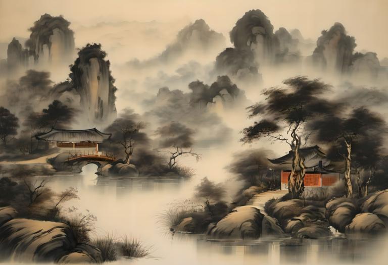 中国絵画,中国絵画, 自然, 風景, 人間がいない, 景色, 木, 建築, 水, 東アジアの建築, 屋外, 霧, ロック, 建物, 川, 空, 自然