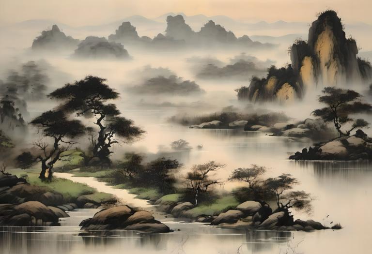 Chinese Paintings,Chinese Paintings, Nature, landscape, no humans, tree, scenery, water, outdoors, river