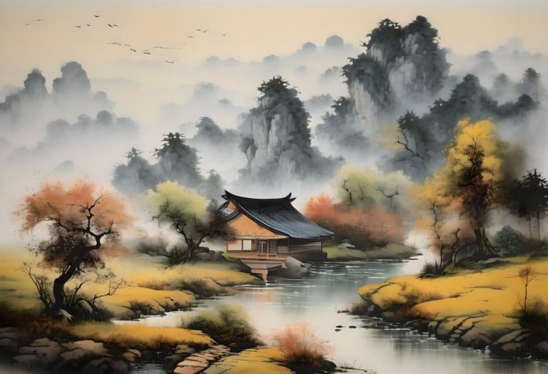 Chinese Paintings,Chinese Paintings, Nature, landscape, no humans, scenery, tree, outdoors, architecture