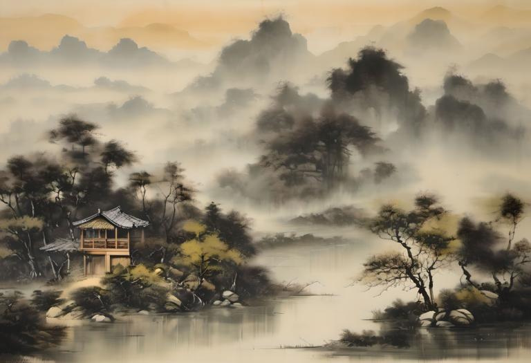 Chinese Paintings,Chinese Paintings, Nature, landscape, no humans, scenery, tree, outdoors, fog