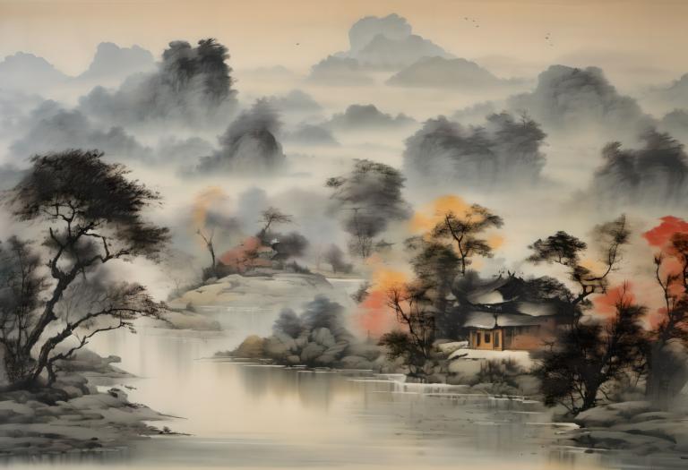 中国絵画,中国絵画, 自然, 風景, 人間がいない, 木, 景色, 水, 屋外, 霧, 煙, 山, 蒸気, 建築, 空, 鳥, 東アジアの建築