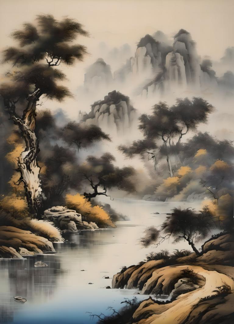 中国絵画,中国絵画, 自然, 風景, 人間がいない, 木, 景色, 水, 屋外, 自然, 川, 滝, 霧, 風景, ロック, 湖, 森