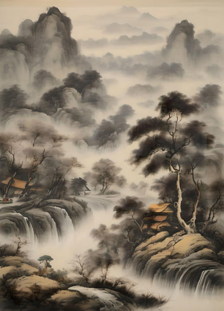 中国絵画,中国絵画, 自然, 風景, 木, 景色, 1女の子, 水, 滝, 川, 川代にとり, バックパック, 自然, 山, ソロ, バッグ, 帽子, 屋外, 風景, 森