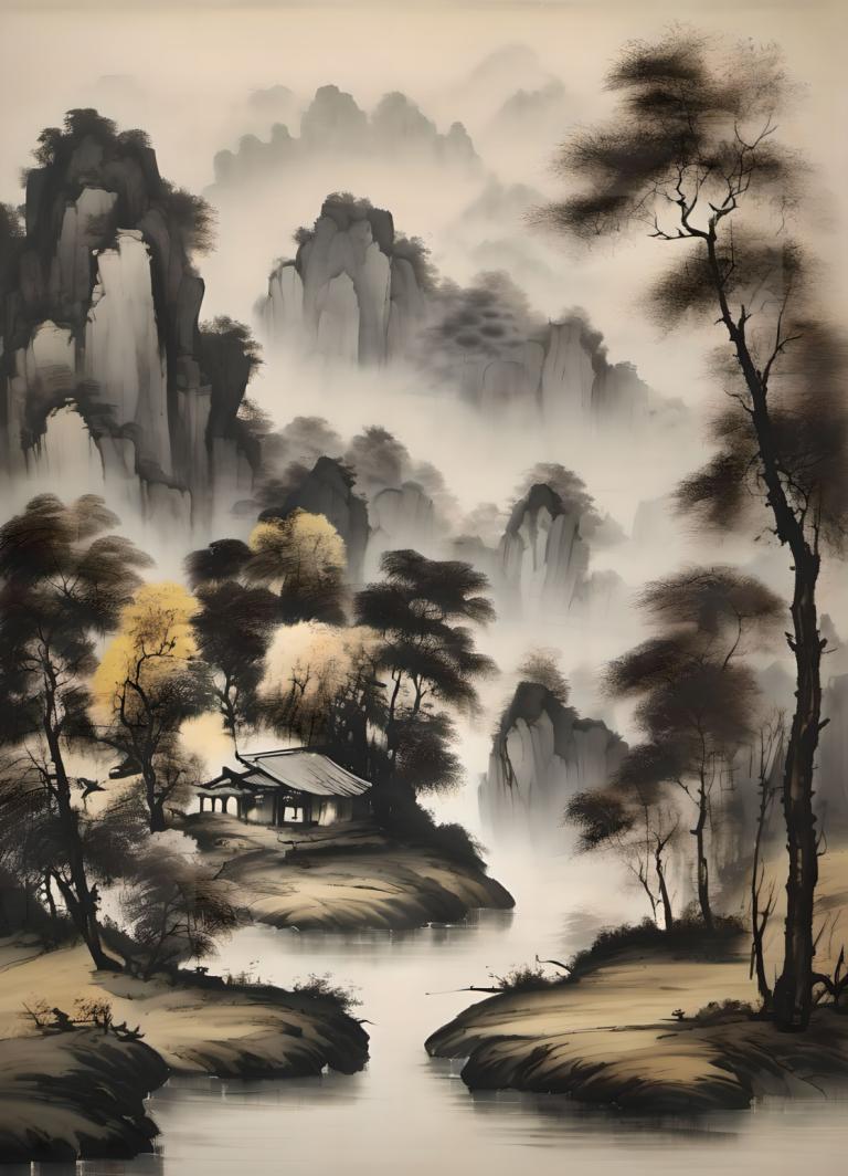 国画,国画, 自然, 风景, 没有人类, 风景, 树, 自然, 户外, 水, 河, 森林, 山, 房子, 桥, 景观, 建筑学