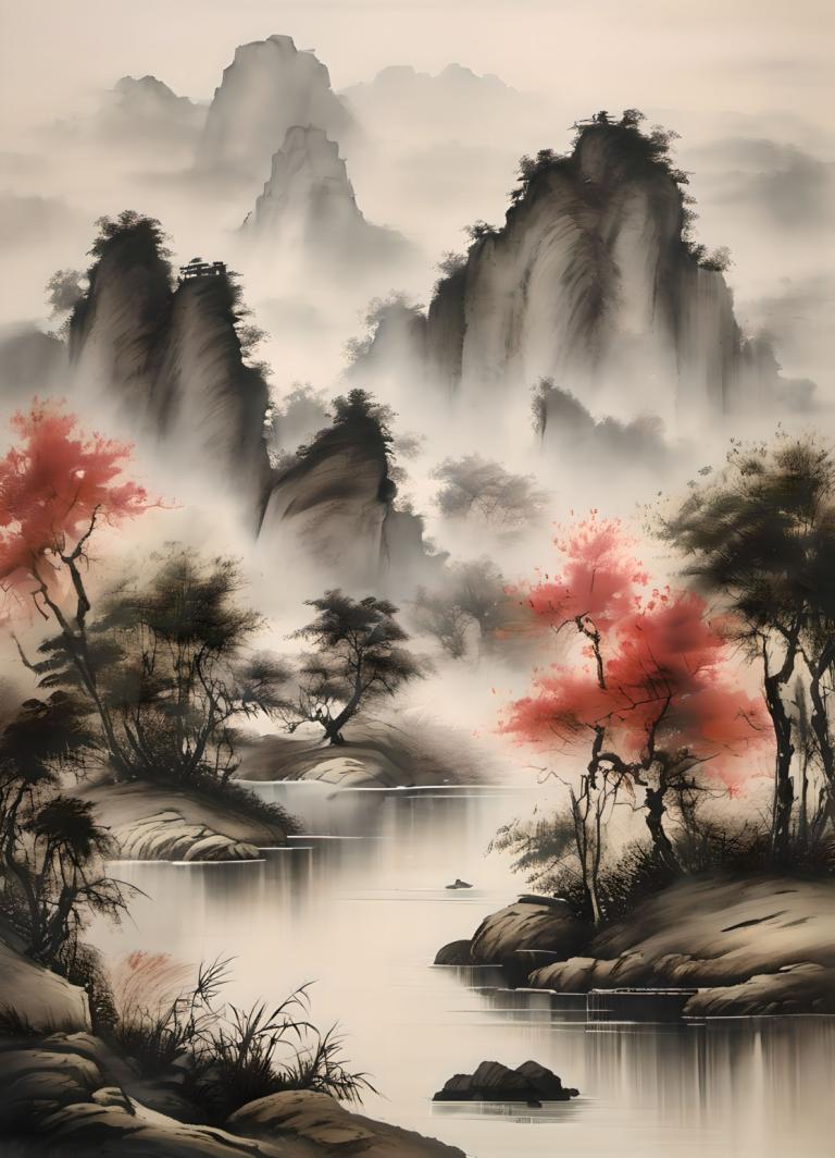 中国絵画,中国絵画, 自然, 風景, 木, 人間がいない, 景色, 水, 霧, 山, 自然, 屋外, 湖, 風景, 川, 空, 森, 雲, ロック