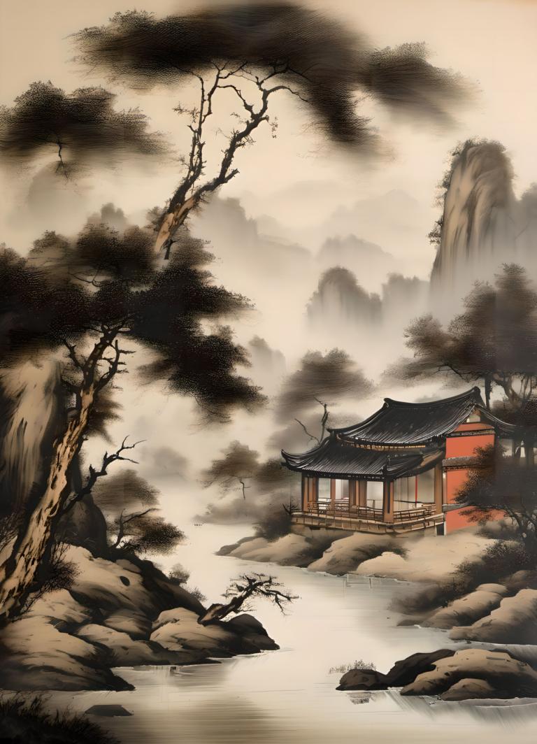 Chinese Paintings,Chinese Paintings, Nature, landscape, no humans, tree, scenery, east asian architecture