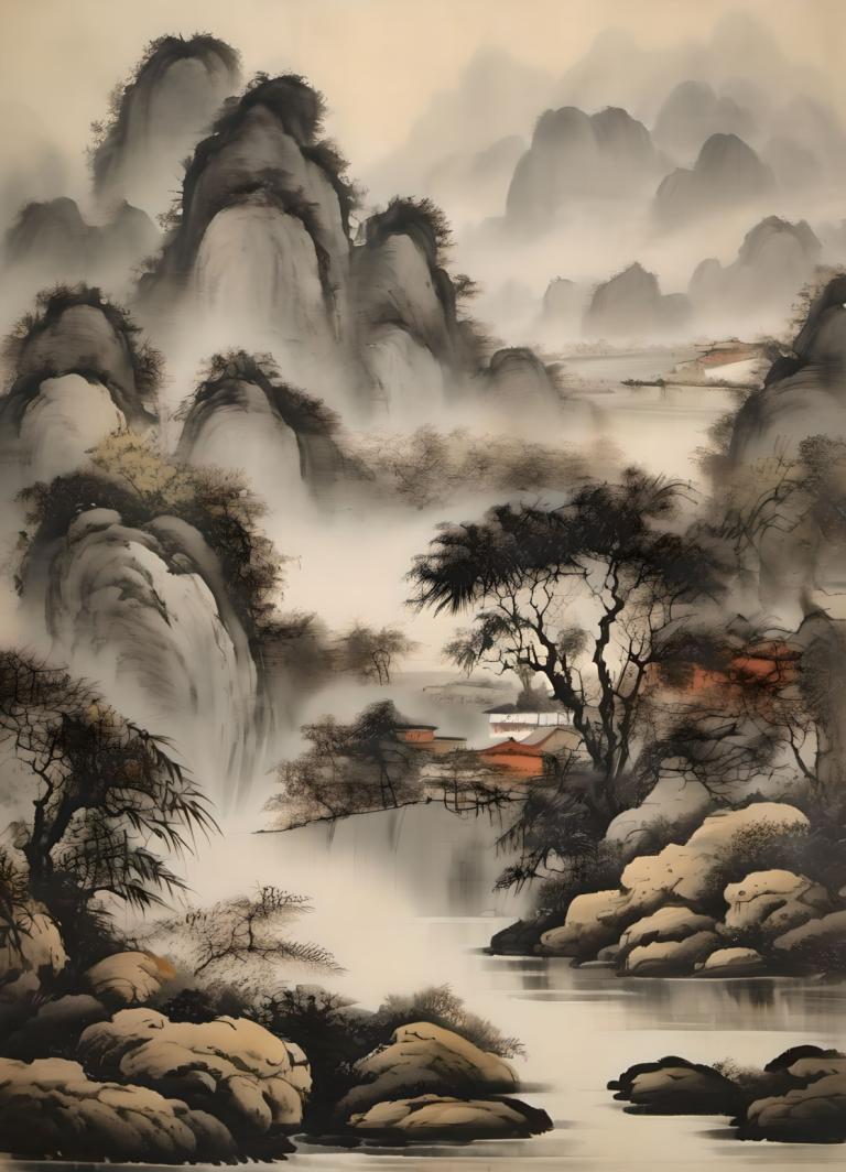 Chinese Paintings,Chinese Paintings, Nature, landscape, no humans, tree, scenery, water, outdoors, waterfall