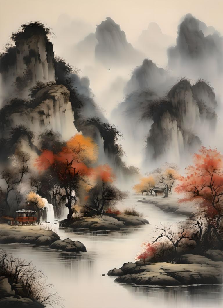 中国絵画,中国絵画, 自然, 風景, 1女の子, 射命丸文, トーキンハット, 滝, ソロ, 帽子, 水, 木, 景色, 黒髪, 犬走もみじ, 自然, ロック, 屋外, 山, 川, ショートヘア, 紅葉, 秋