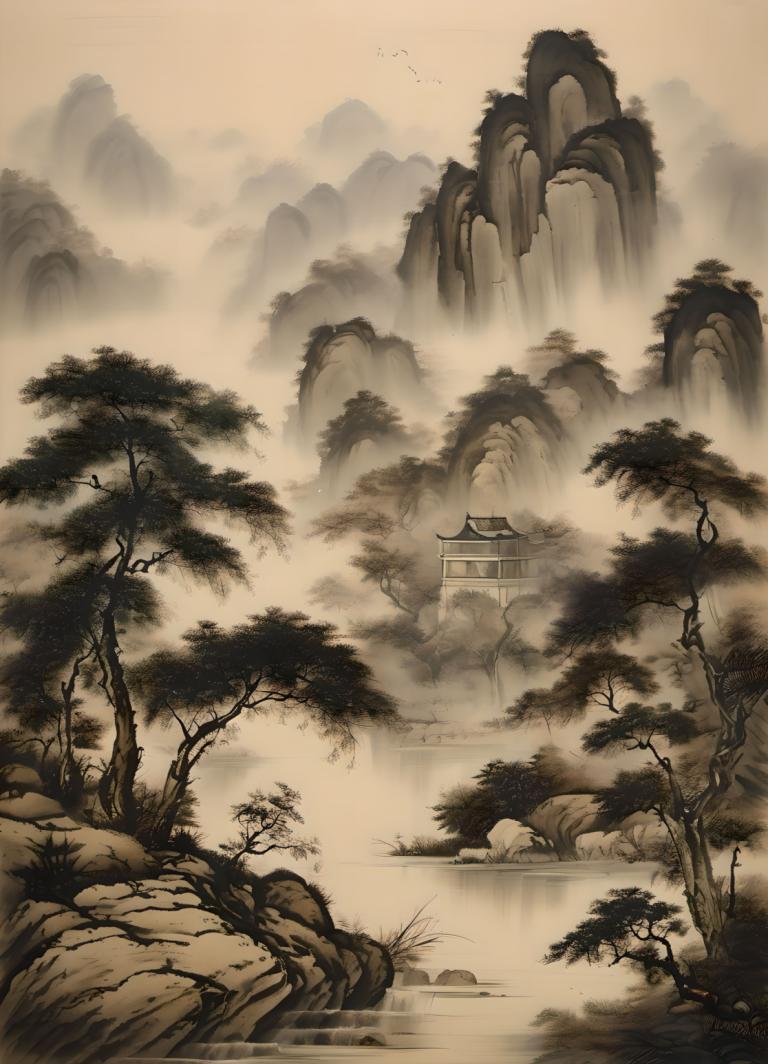 Chinesische Gemälde,Chinesische Gemälde, Natur, Landschaft, keine Menschen, Baum, Landschaft, Wasser, Vogel