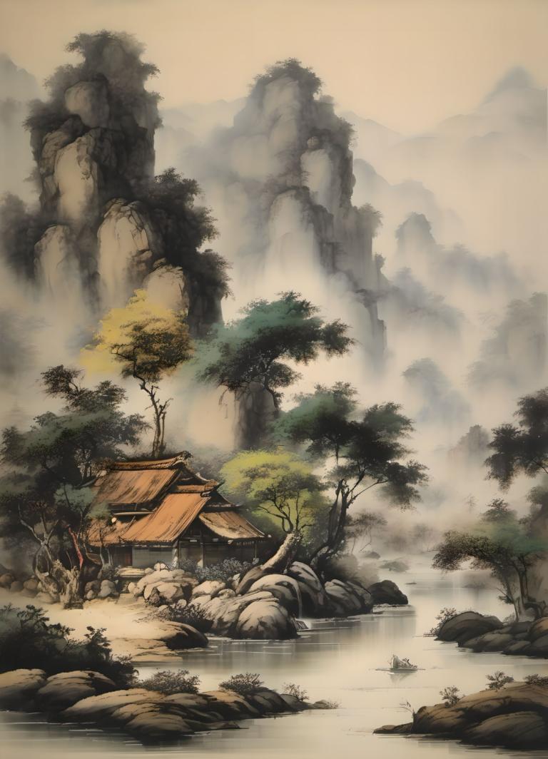 Chinese Paintings,Chinese Paintings, Nature, landscape, no humans, tree, scenery, water, outdoors, nature