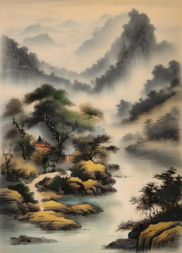 Chinese Paintings,Chinese Paintings, Nature, landscape, no humans, scenery, tree, mountain, outdoors, nature