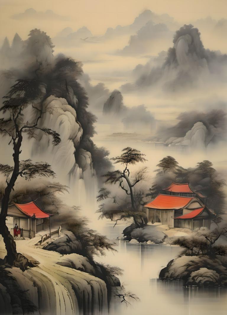 Chinese Paintings,Chinese Paintings, Nature, landscape, tree, scenery, water, mountain, nature, waterfall