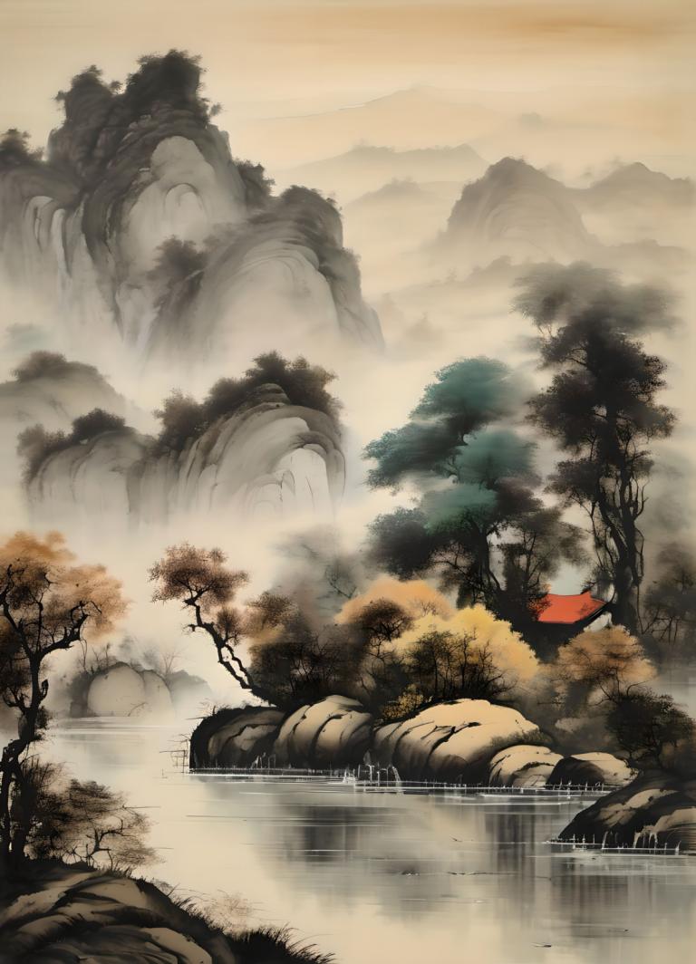 Chinese Paintings,Chinese Paintings, Nature, landscape, tree, scenery, no humans, water, cape, waterfall