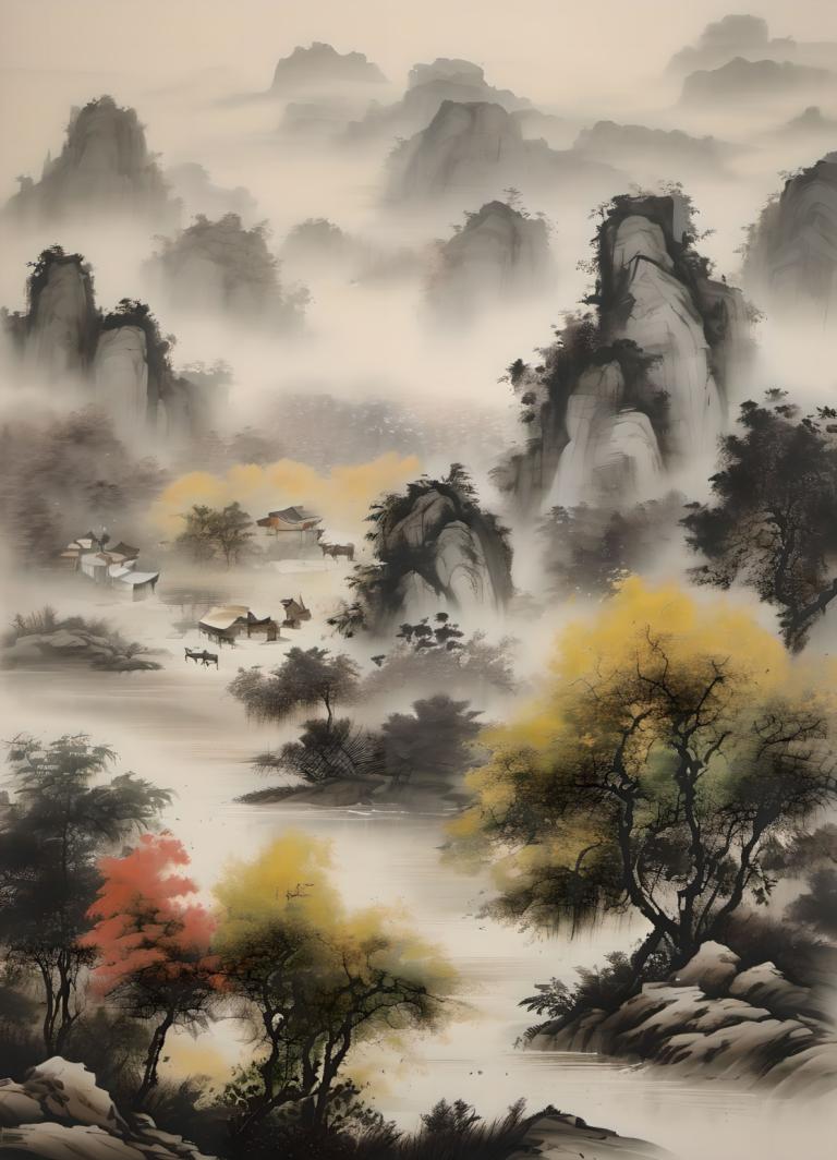 Chinese Paintings,Chinese Paintings, Nature, landscape, no humans, scenery, tree, outdoors, nature, mountain