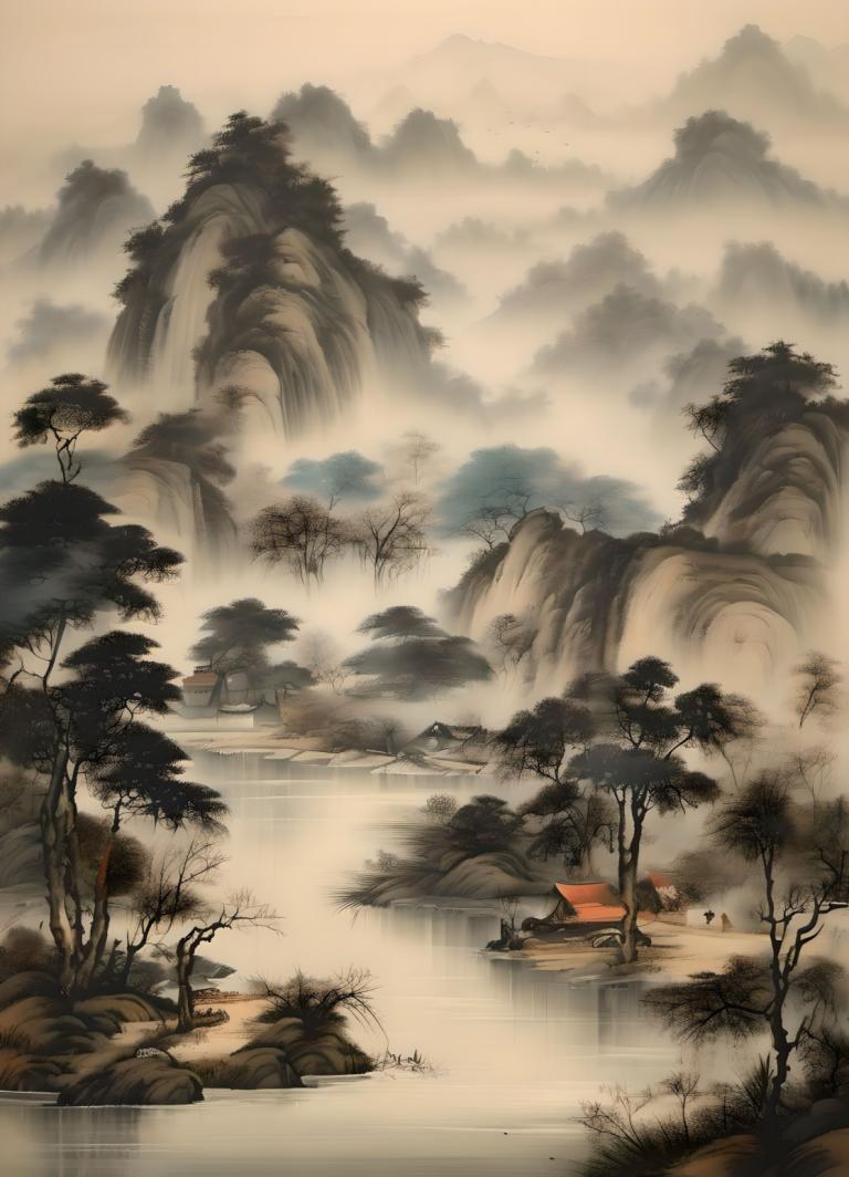 Chinese Paintings,Chinese Paintings, Nature, landscape, tree, scenery, no humans, water, nature, lake, river