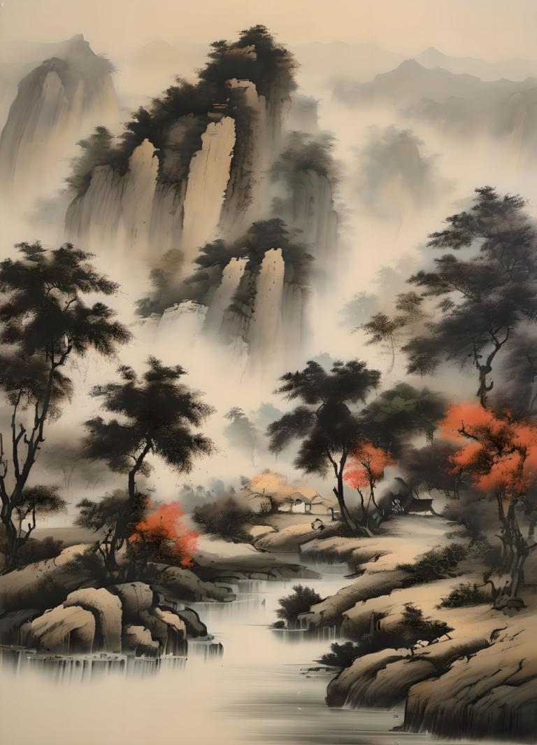 Chinese Paintings,Chinese Paintings, Nature, landscape, no humans, scenery, tree, water, waterfall, nature