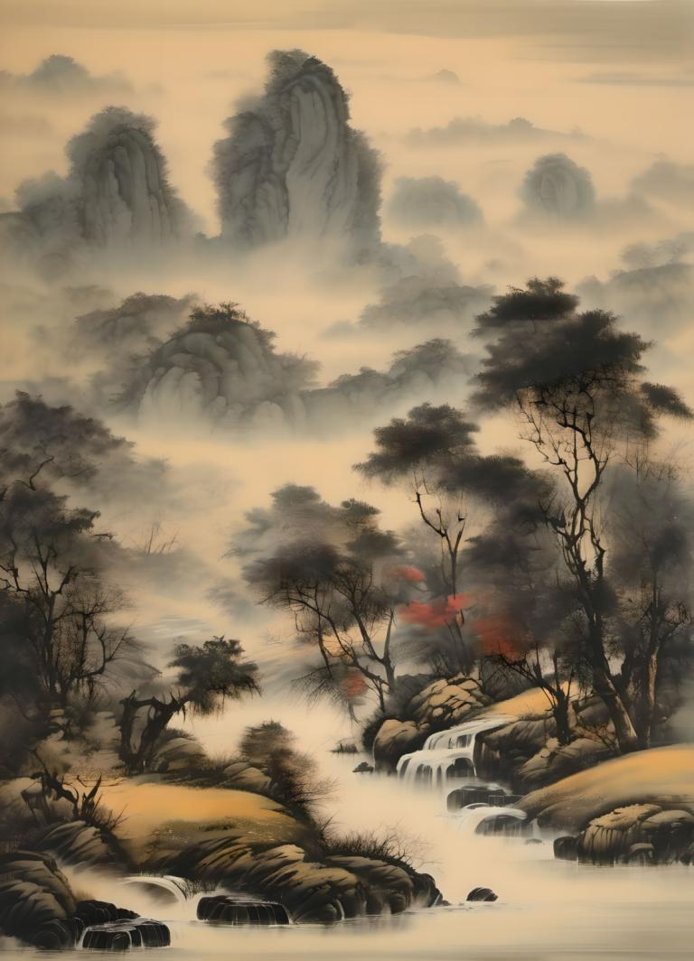 Chinese Paintings,Chinese Paintings, Nature, landscape, no humans, tree, scenery, waterfall, water, nature