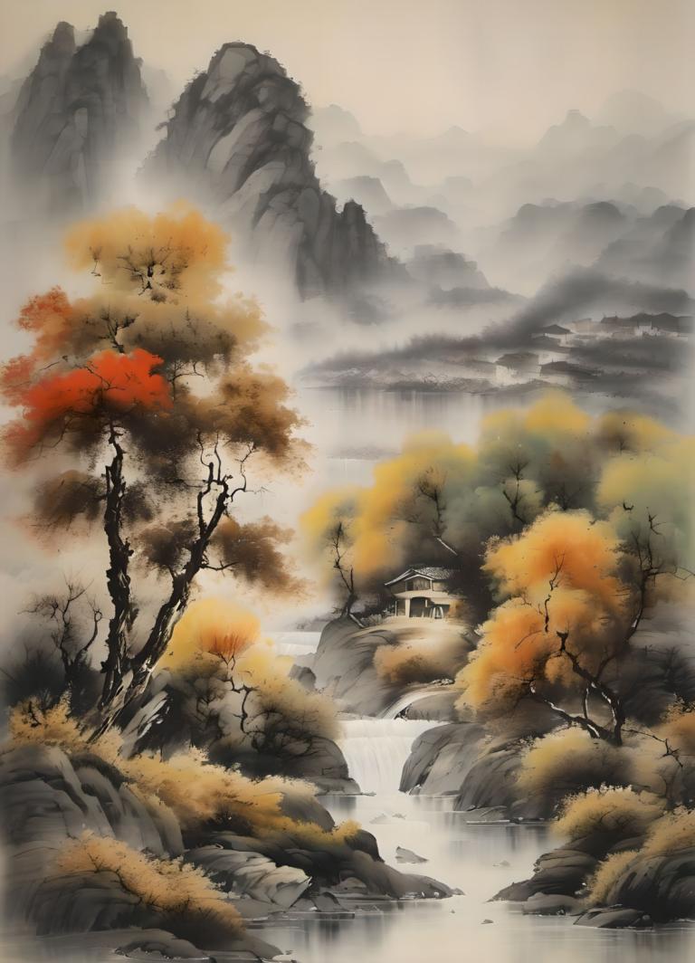 Peintures chinoises,Peintures chinoises, Nature, paysage, pas d'humains, paysage, arbre, montagne, eau