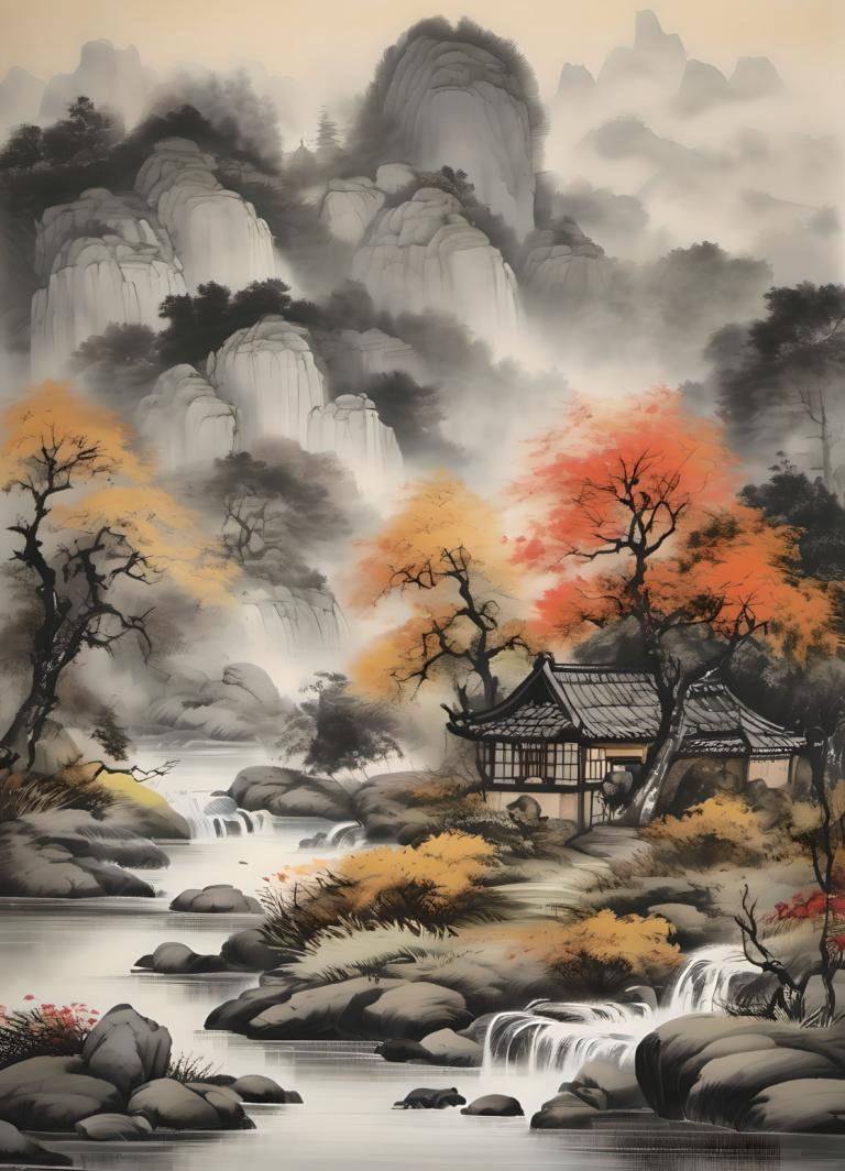 Chinese Paintings,Chinese Paintings, Nature, landscape, no humans, scenery, tree, water, waterfall, rock