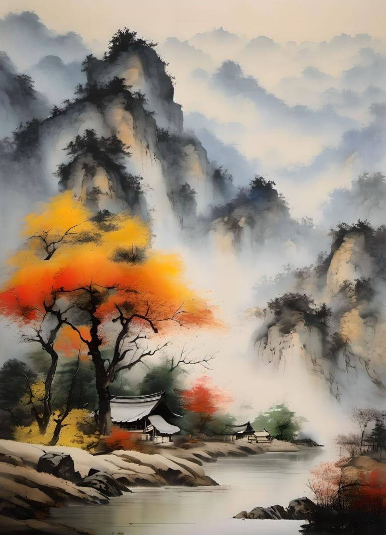 Chinese Paintings,Chinese Paintings, Nature, landscape, no humans, scenery, tree, mountain, outdoors, nature