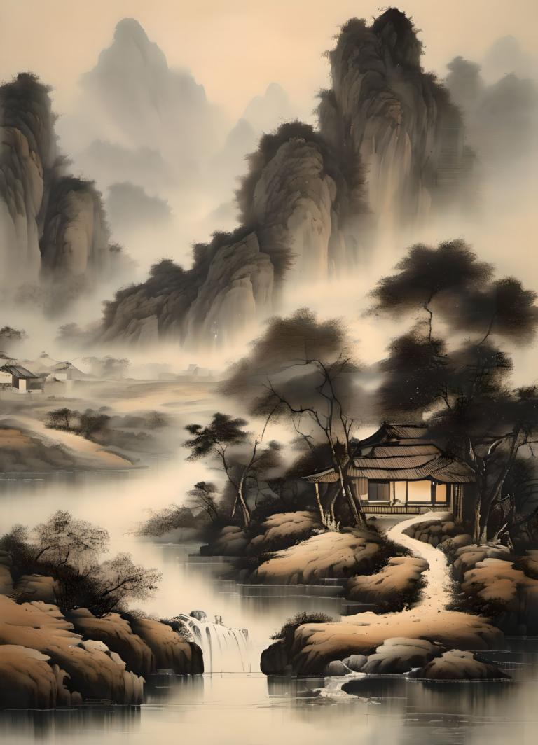 Chinese Paintings,Chinese Paintings, Nature, landscape, tree, water, scenery, waterfall, onsen, rock