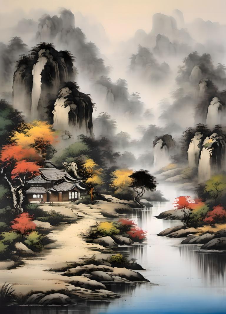 Chinese Paintings,Chinese Paintings, Nature, landscape, scenery, tree, water, waterfall, 1girl, nature