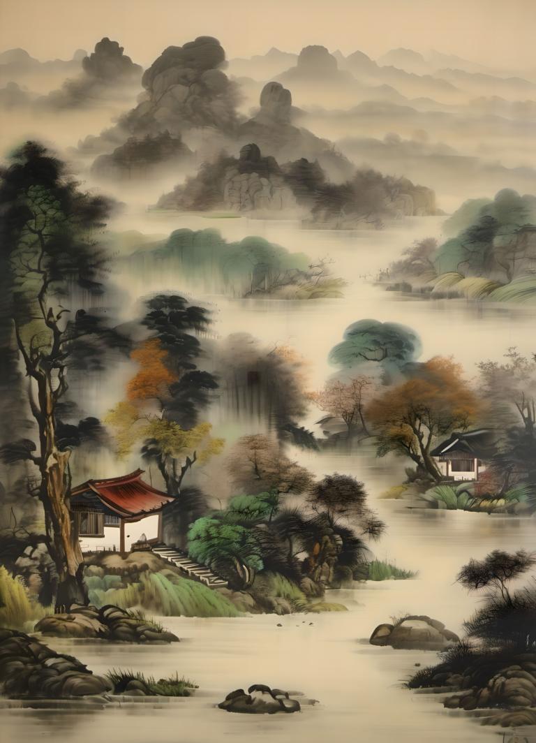 Chinese Paintings,Chinese Paintings, Nature, landscape, no humans, tree, scenery, house, outdoors, rock